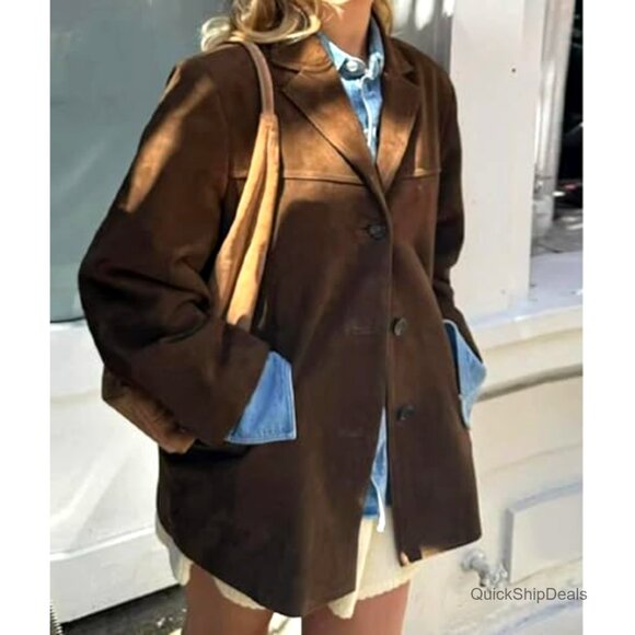 Oversized Faux Suede Blazer Jacket Button Down Lapel Mid-Length Coat - Picture 3 of 6